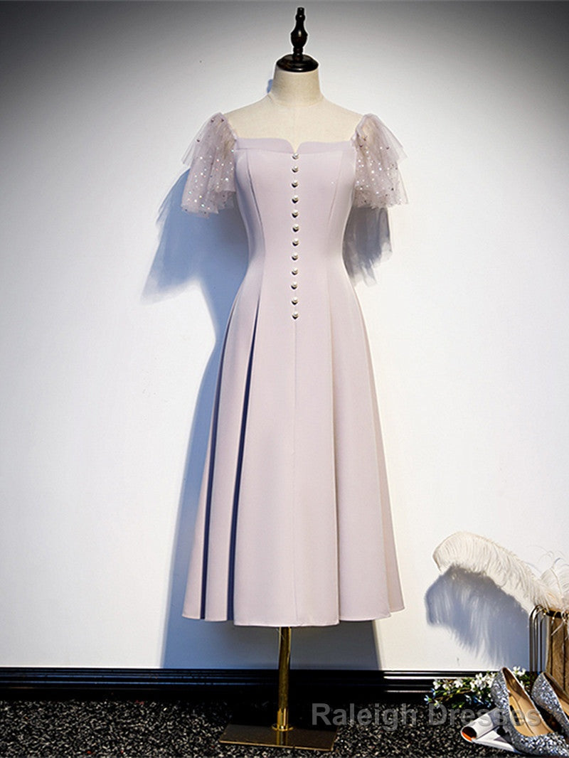 Cute Tea Length Off Shoulder Wedding Party Dress, Short Sleeves Formal Dresses