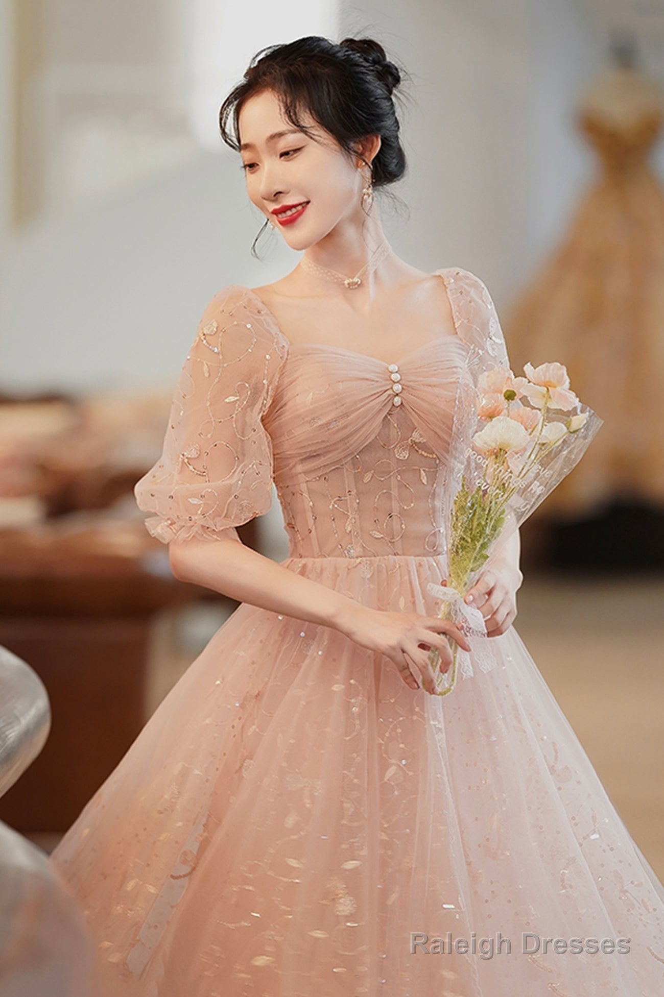 Cute Tulle A-Line Homecoming Dresses 1/2 Sleeves Short Prom Dresses