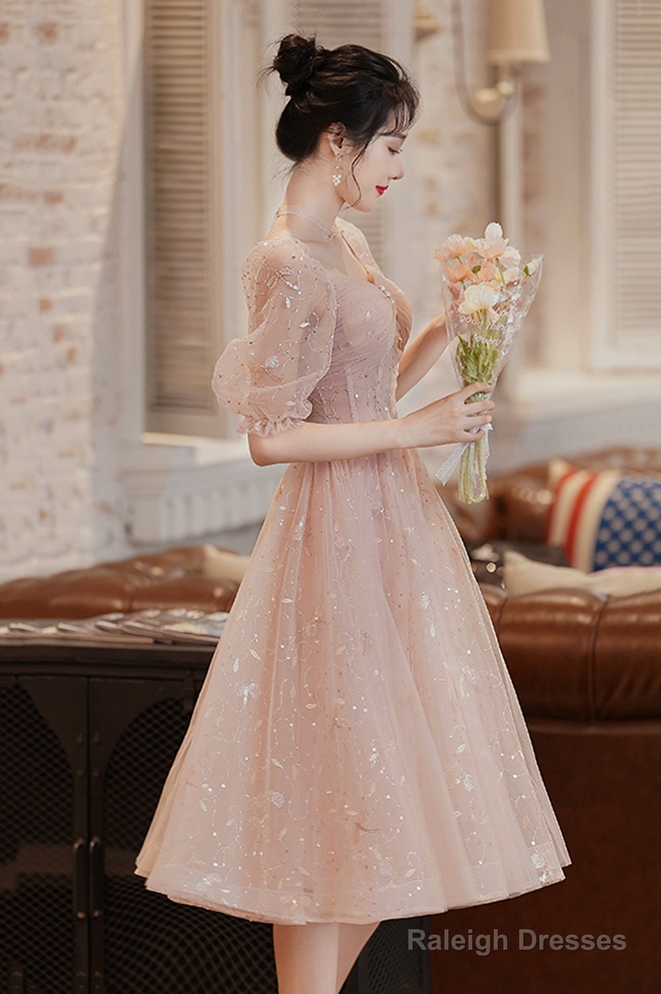 Cute Tulle A-Line Homecoming Dress, 1/2 Sleeves Short Prom Dress