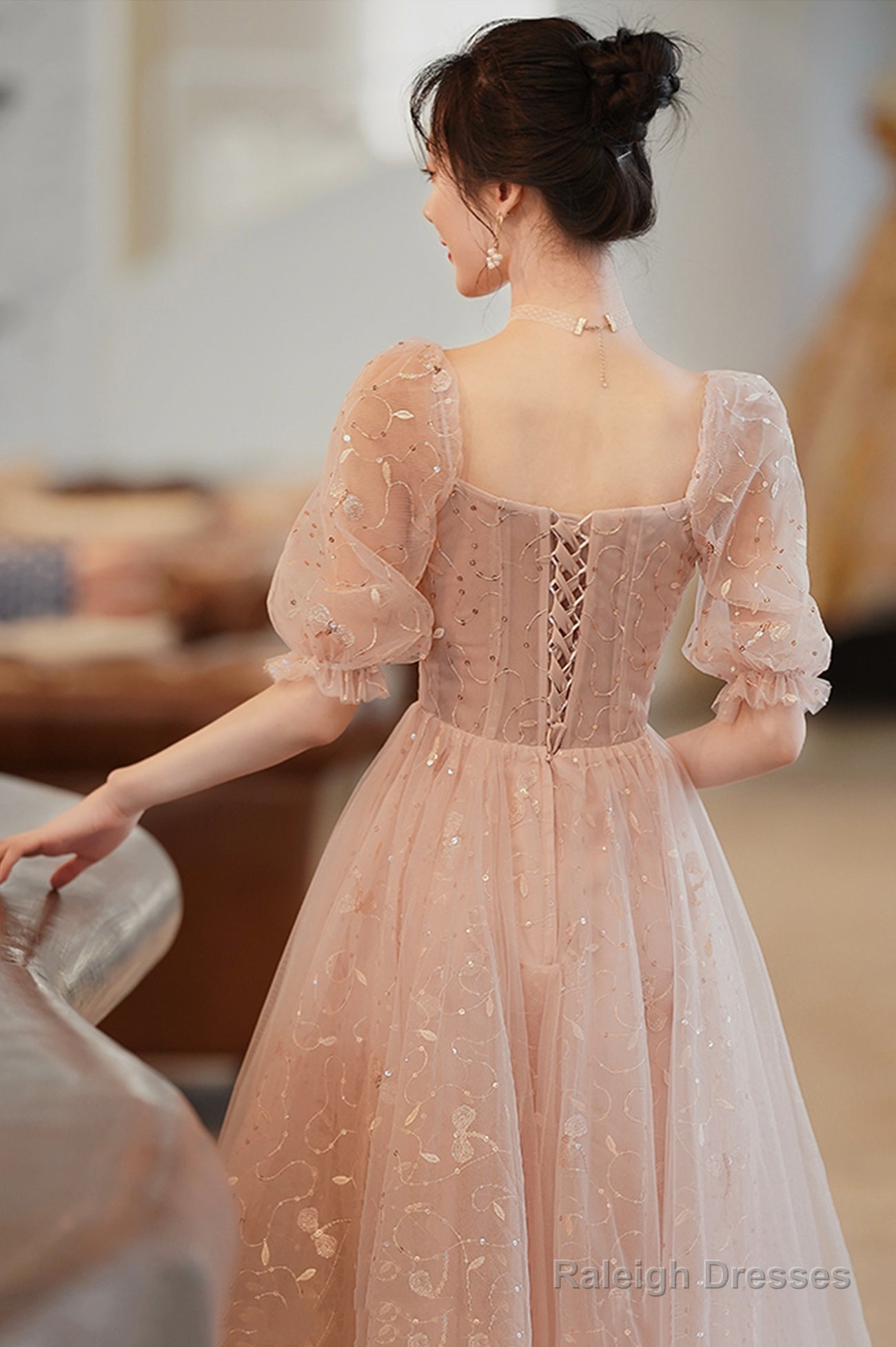 Cute Tulle A-Line Homecoming Dress, 1/2 Sleeves Short Prom Dress