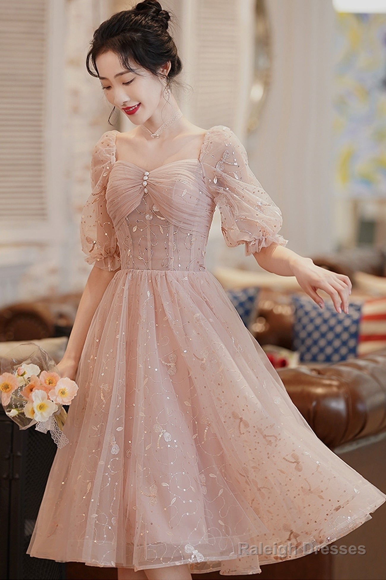Cute Tulle A-Line Homecoming Dress, 1/2 Sleeves Short Prom Dress Main image