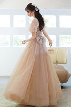 Cute Tulle Beaded Long Prom Dresses A-Line Short Sleeve Prom Dresses With Bow
