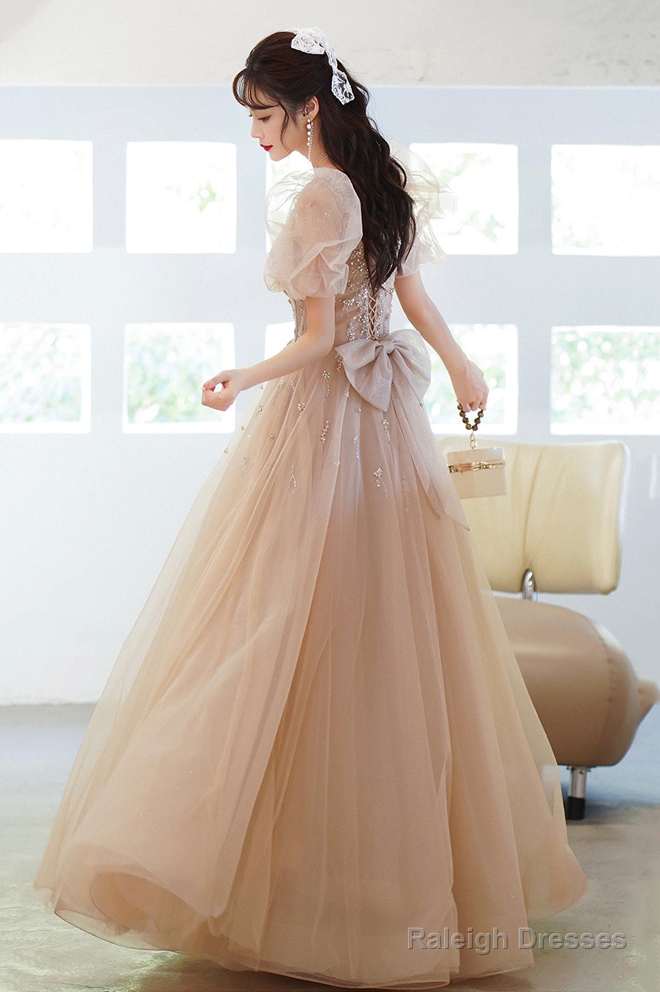 Cute Tulle Beaded Long Prom Dresses A-Line Short Sleeve Prom Dresses With Bow
