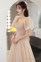 Cute Tulle Beaded Long Prom Dresses A-Line Short Sleeve Prom Dresses With Bow