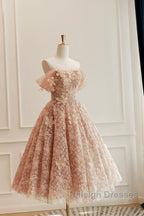 Cute Tulle Flower Short Prom Dress, Beautiful Off The Shoulder A-Line Evening Party Dress