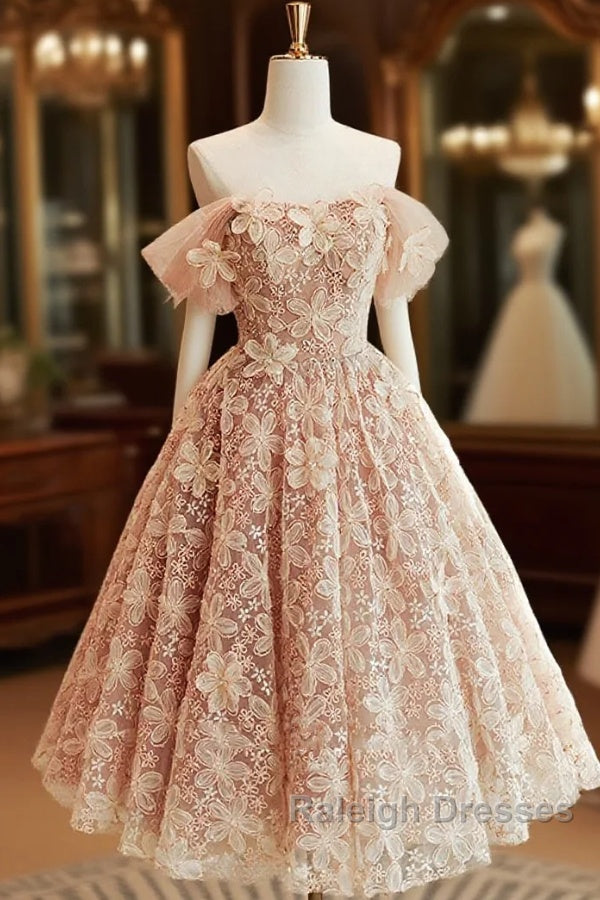 Cute Tulle Flower Short Prom Dress, Beautiful Off The Shoulder A-Line Evening Party Dress