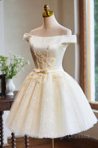 Cute Tulle Lace Knee Length Prom Dress, Champagne Off the Shoulder Evening Party Dress