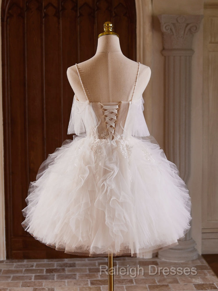 Cute Tulle Lace Light Champagne Short Prom Dresses Cut Homecoming Dresses
