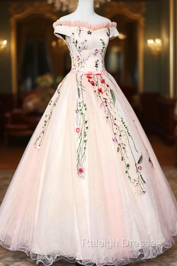 Cute Tulle Lace Long Formal Dress, A Line Off Shoulder Prom Dress