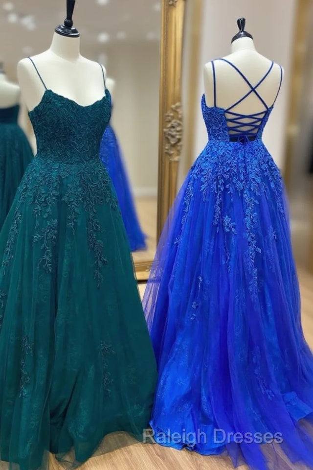 Cute Tulle Lace Long Prom Dress, A-Line Backless Evening Party Dress