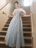 Cute Tulle Lace Long Prom Dresses Light Blue Tulle Off Shoulder Prom Dresses