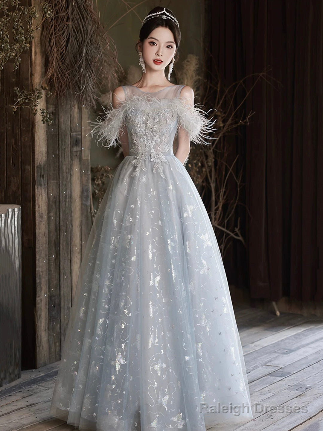 Cute Tulle Lace Long Prom Dresses Light Blue Tulle Off Shoulder Prom Dresses