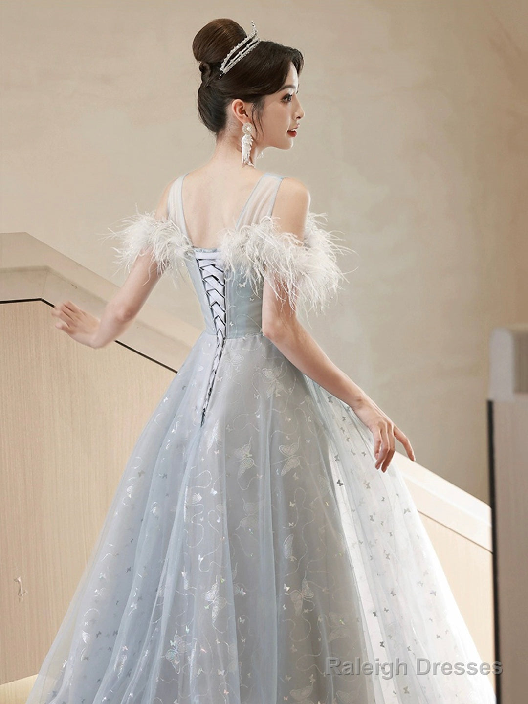 Cute Tulle Lace Long Prom Dresses Light Blue Tulle Off Shoulder Prom Dresses