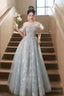 Cute Tulle Lace Long Prom Dress, Light Blue Tulle Off Shoulder Evening Dress