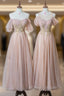 Cute Tulle Lace Tea Length Prom Dress, Pink A-Line Evening Party Dress