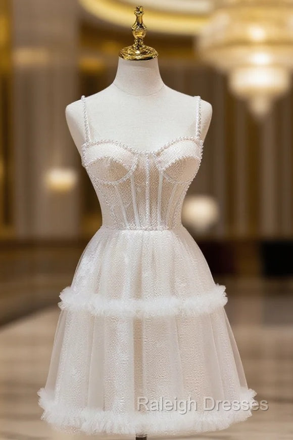 Cute Tulle Light Champagne Short Prom Dress, Lace Homecoming Dress Main image