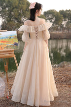 Cute Tulle Long A-Line Prom Dress Champagne Lace-Up Prom Dress