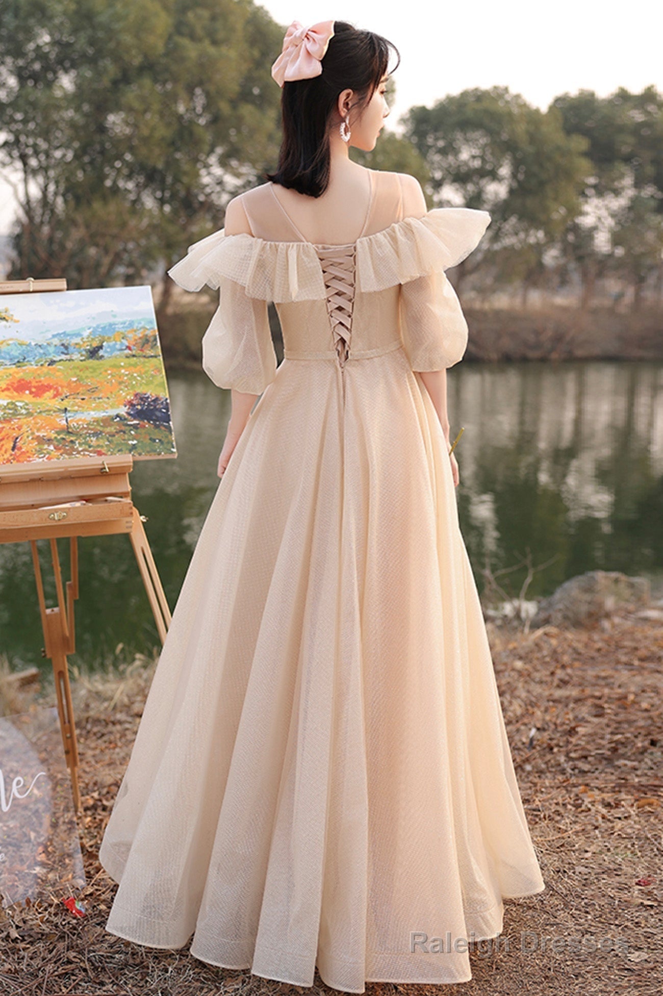 Cute Tulle Long A-Line Prom Dress Champagne Lace-Up Prom Dress