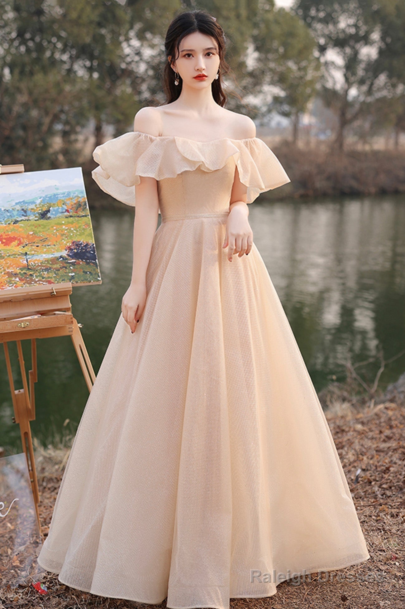 Cute Tulle Long A-Line Prom Dresses, Champagne Lace-Up Party Dresses