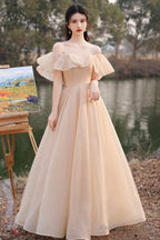 Cute Tulle Long A-Line Prom Dress Champagne Lace-Up Prom Dress