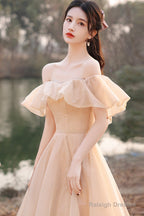Cute Tulle Long A-Line Prom Dress Champagne Lace-Up Prom Dress