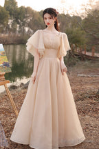 Cute Tulle Long A-Line Prom Dresses, Champagne Lace-Up Party Dresses