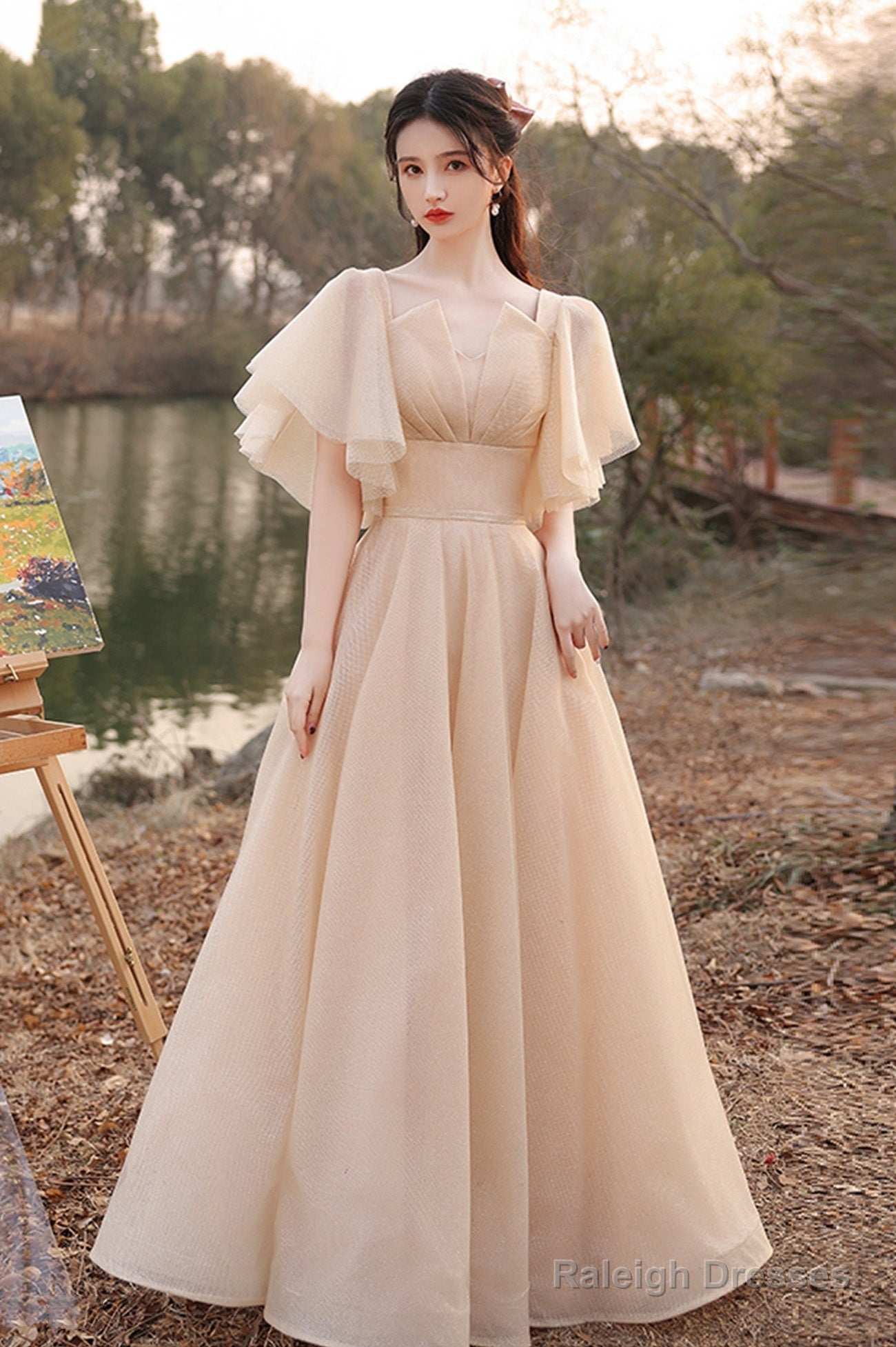 Cute Tulle Long A-Line Prom Dresses, Champagne Lace-Up Party Dresses