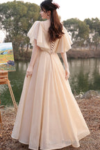 Cute Tulle Long A-Line Prom Dress Champagne Lace-Up Prom Dress