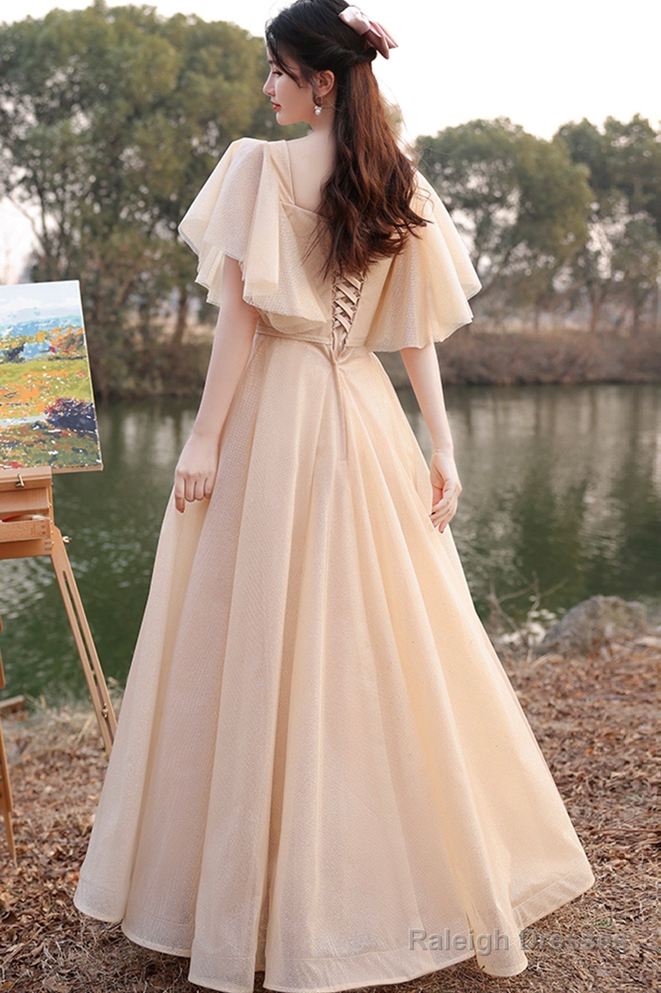 Cute Tulle Long A-Line Prom Dress Champagne Lace-Up Prom Dress