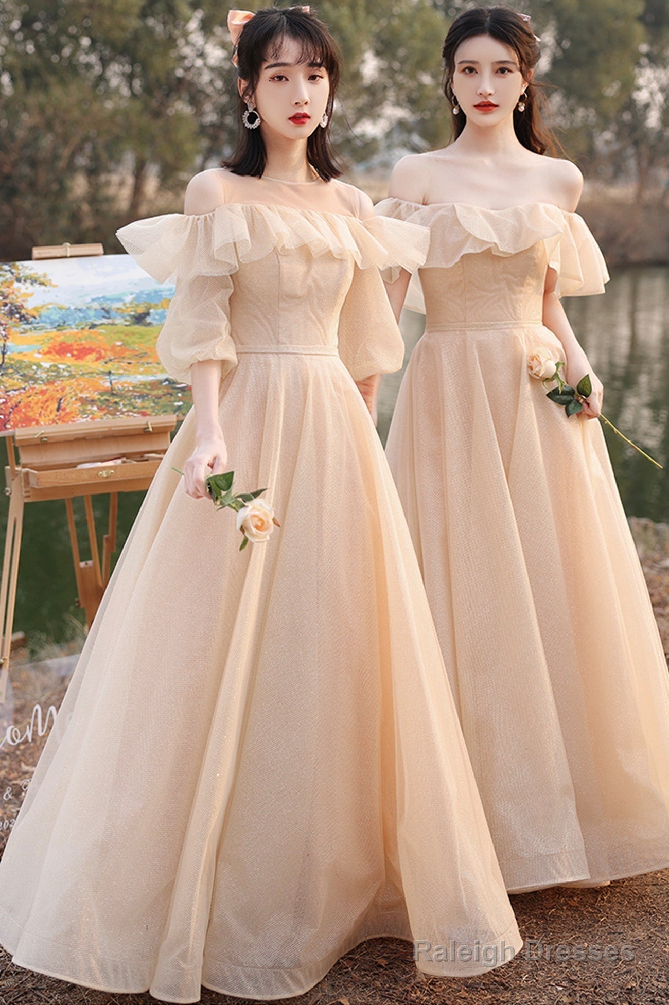 Cute Tulle Long A-Line Prom Dress Champagne Lace-Up Prom Dress