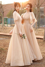 Cute Tulle Long A-Line Prom Dress Champagne Lace-Up Prom Dress