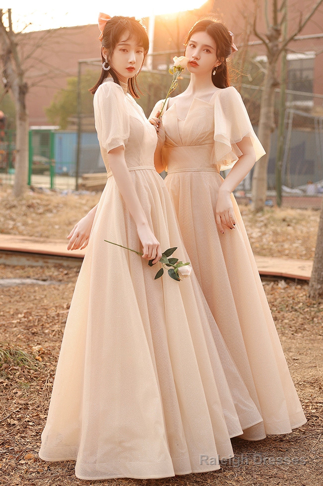 Cute Tulle Long A-Line Prom Dress Champagne Lace-Up Prom Dress