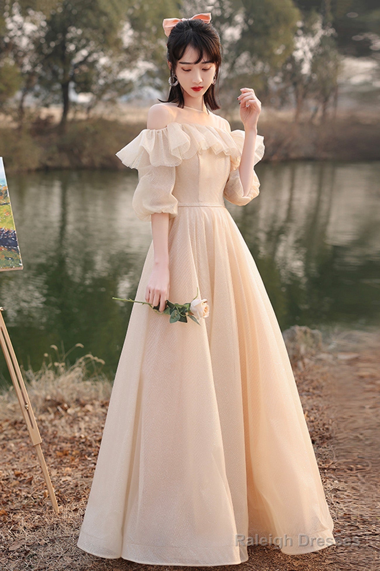 Cute Tulle Long A-Line Prom Dress Champagne Lace-Up Prom Dress Main image