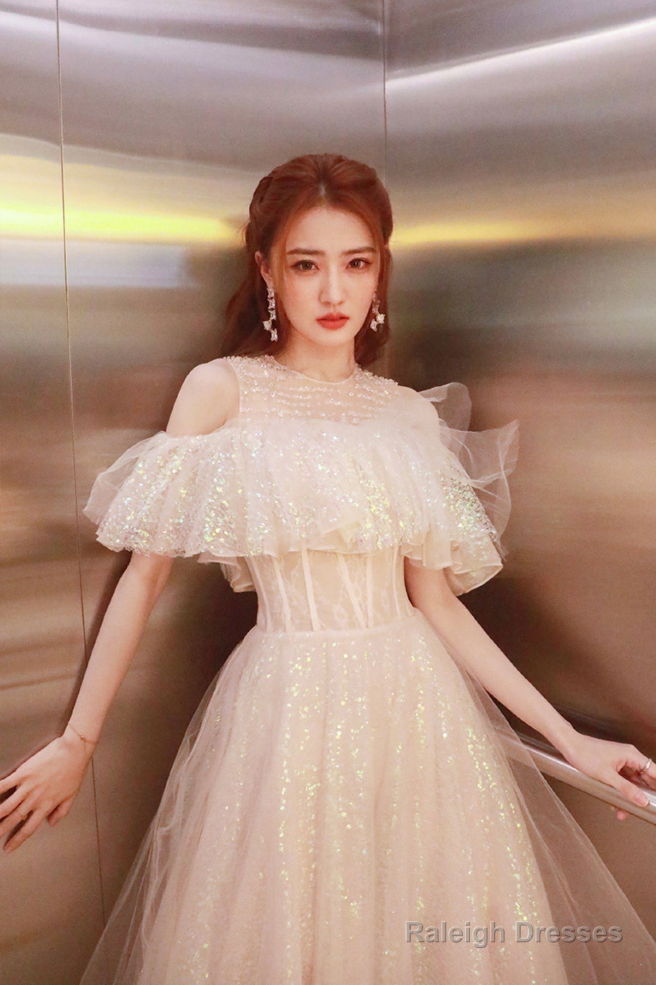 Cute Tulle Long Prom Dress, Shiny A-Line Evening Graduation Dress