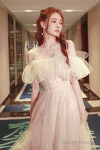 Cute Tulle Long Prom Dress, Shiny A-Line Evening Graduation Dress