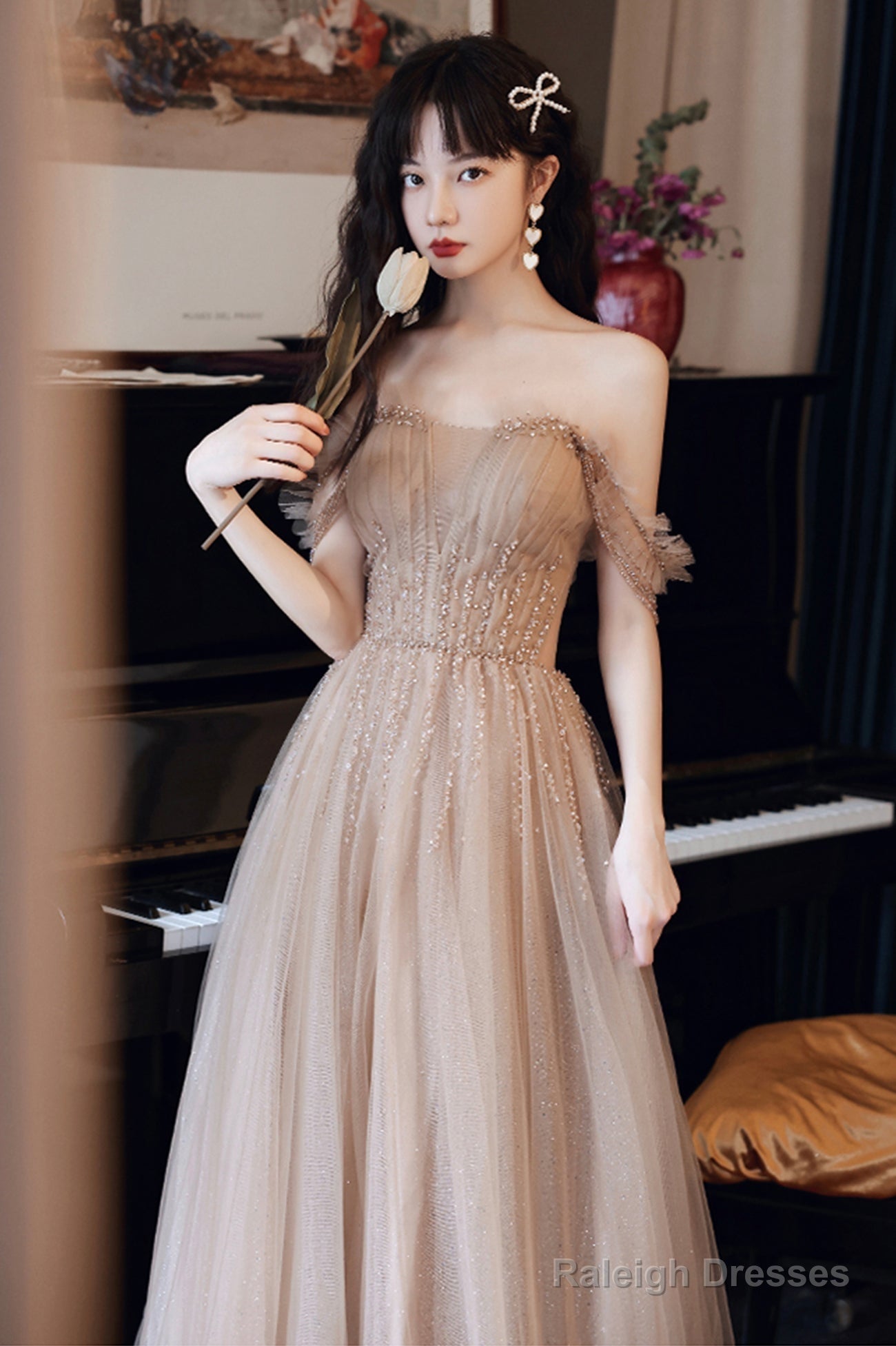 Cute Tulle Long Prom Dress With Beaded,  A-Line Off The Shoulder Evening Dress
