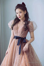 Cute Tulle Long Prom Dress With Bow, A-Line Evening Graduation Dress