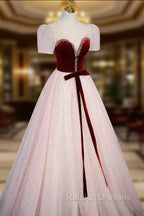 Cute Tulle Long Prom Dress with Velvet, A Line Short Sleeve Prom Dress