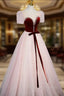 Cute Tulle Long Prom Dress with Velvet, A Line Short Sleeve Prom Dress