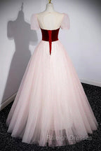 Cute Tulle Long Prom Dress with Velvet, A Line Short Sleeve Prom Dress
