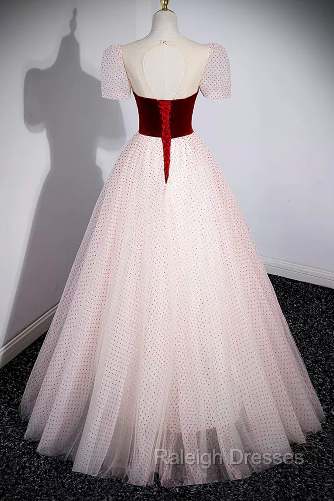 Cute Tulle Long Prom Dress with Velvet, A Line Short Sleeve Prom Dress