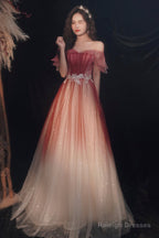 Cute Tulle Sequins Long Prom Dresses, A-Line Ombre Evening Dresses