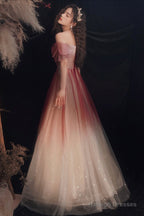 Cute Tulle Sequins Long Prom Dresses, A-Line Ombre Evening Dresses