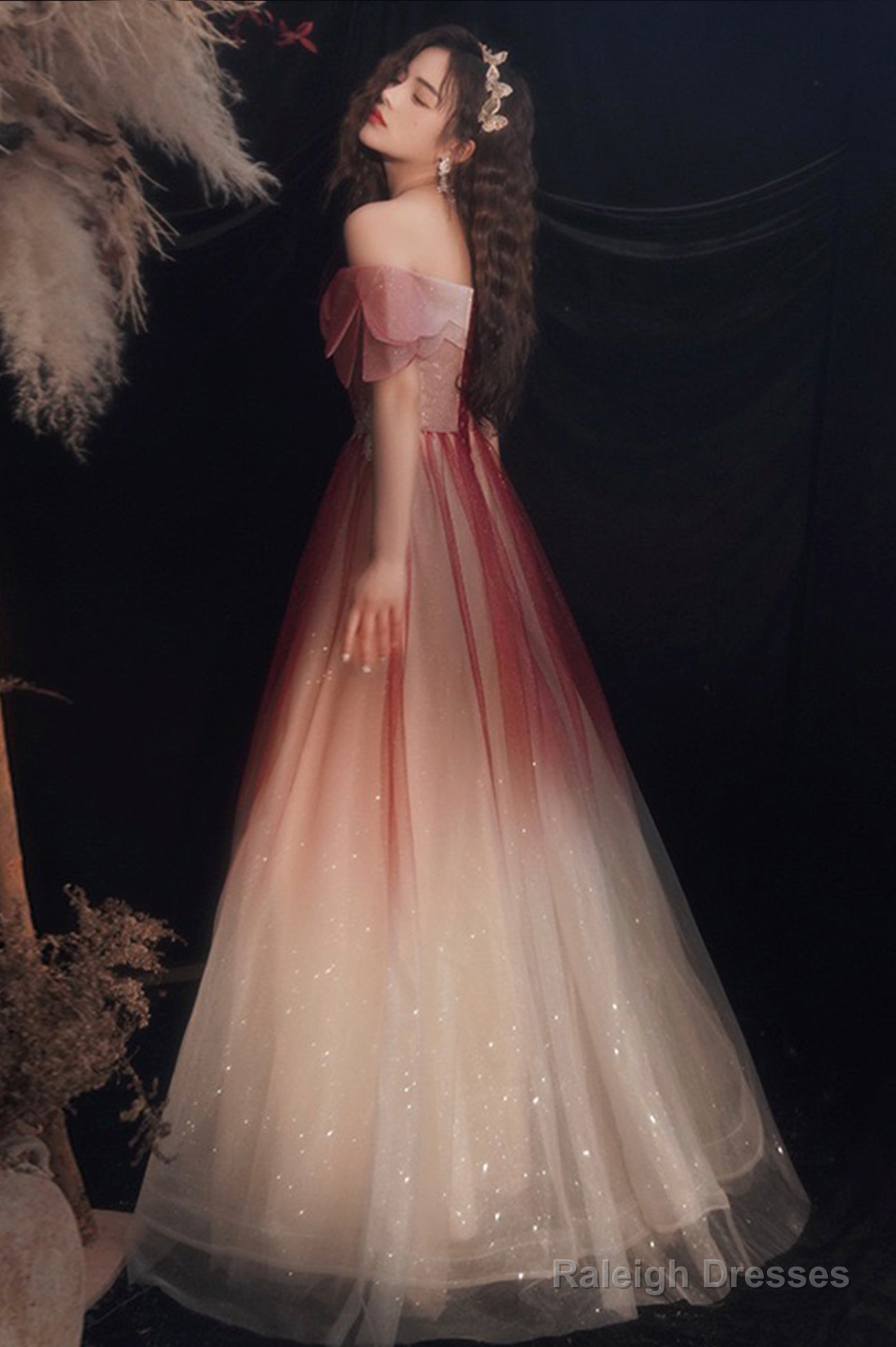 Cute Tulle Sequins Long Prom Dresses, A-Line Ombre Evening Dresses