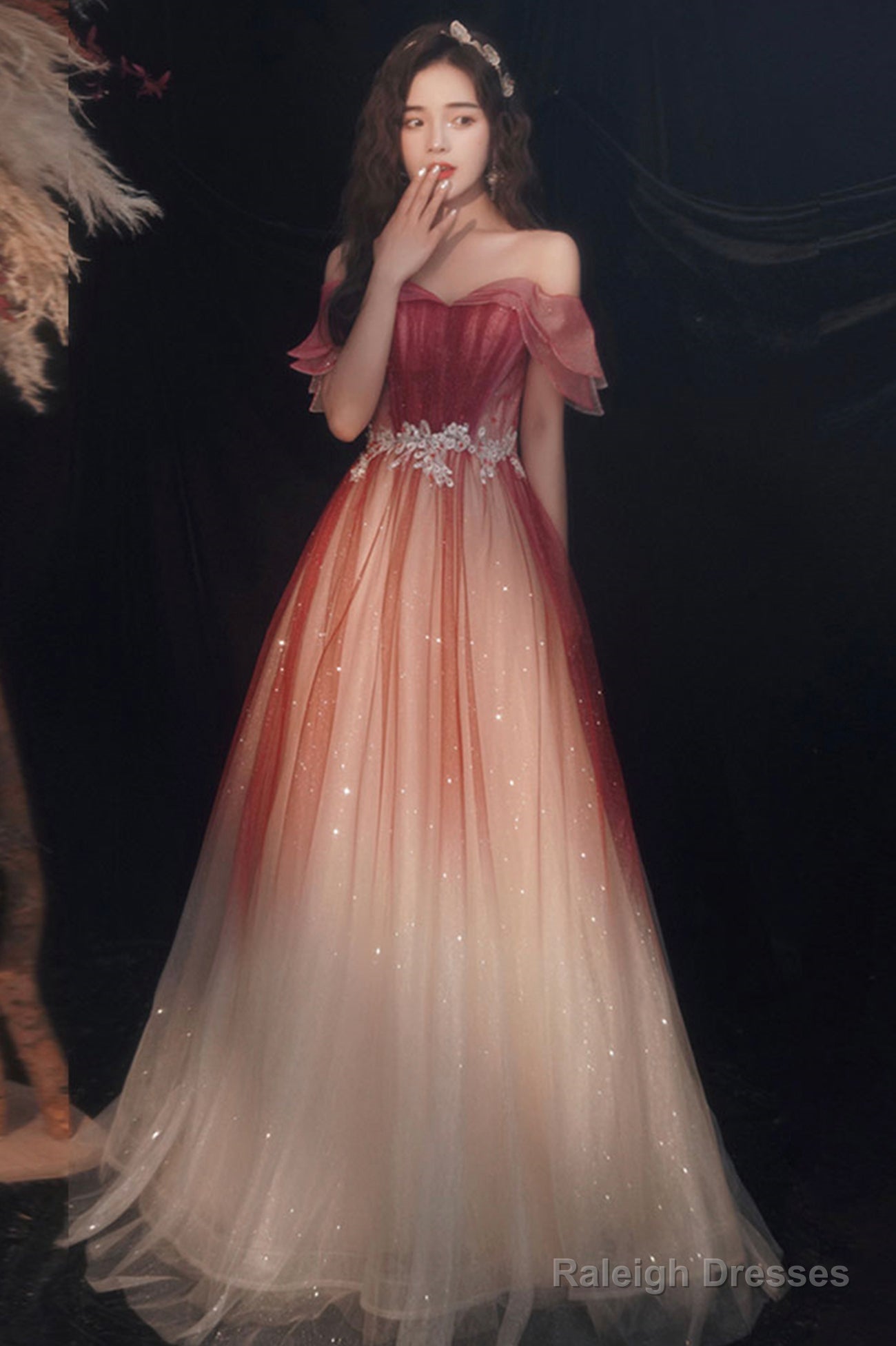 Cute Tulle Sequins Long Prom Dresses, A-Line Ombre Evening Dresses Main image