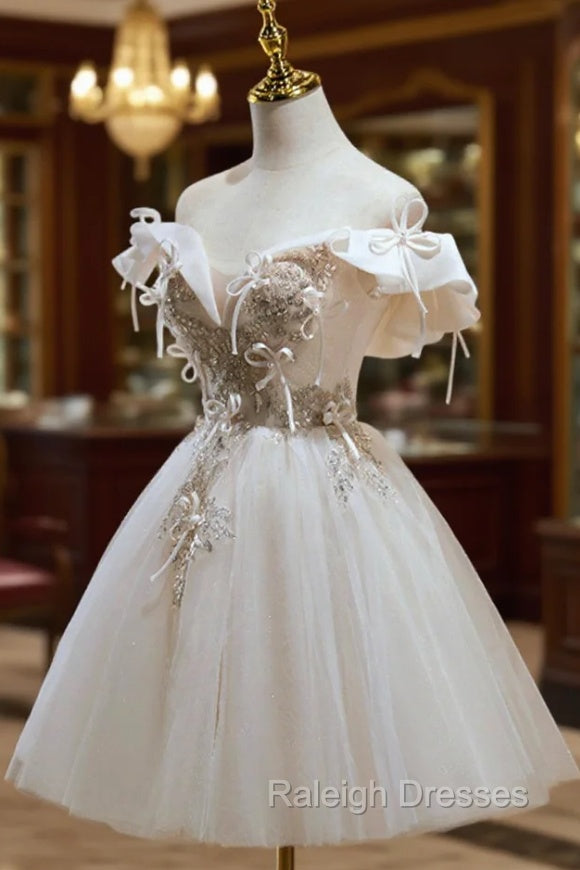 Cute Tulle Sequins Short Prom Dress, Light Champagne Off Shoulder Party Dress