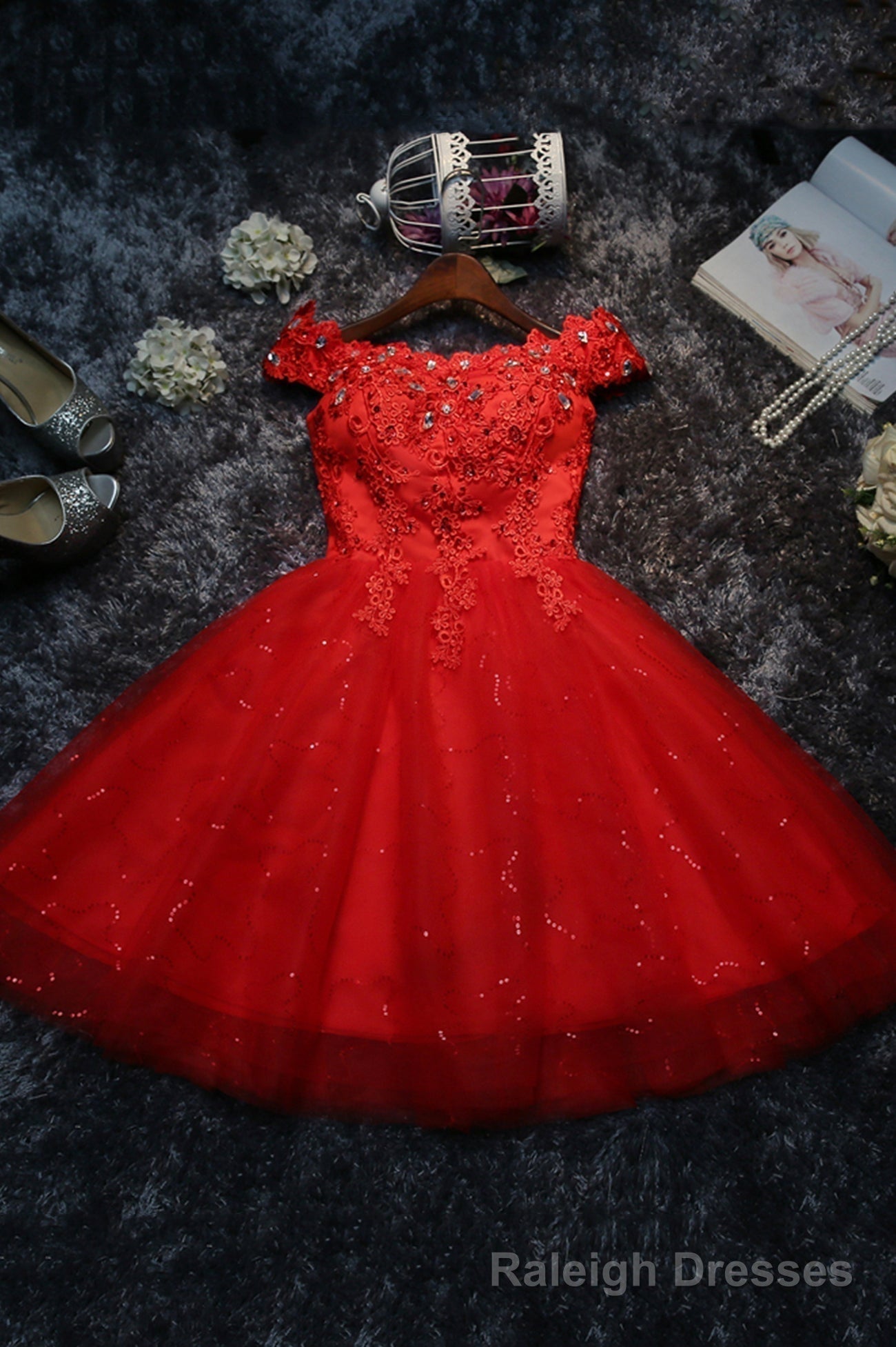 Cute Tulle Short A Line Prom Dress, Off the Shoulder Homecoming Prom Dress