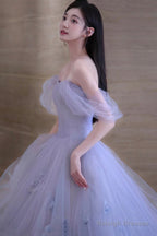 Cute Tulle Short A-Line Prom Dresses Purple Off The Shoulder Prom Dresses