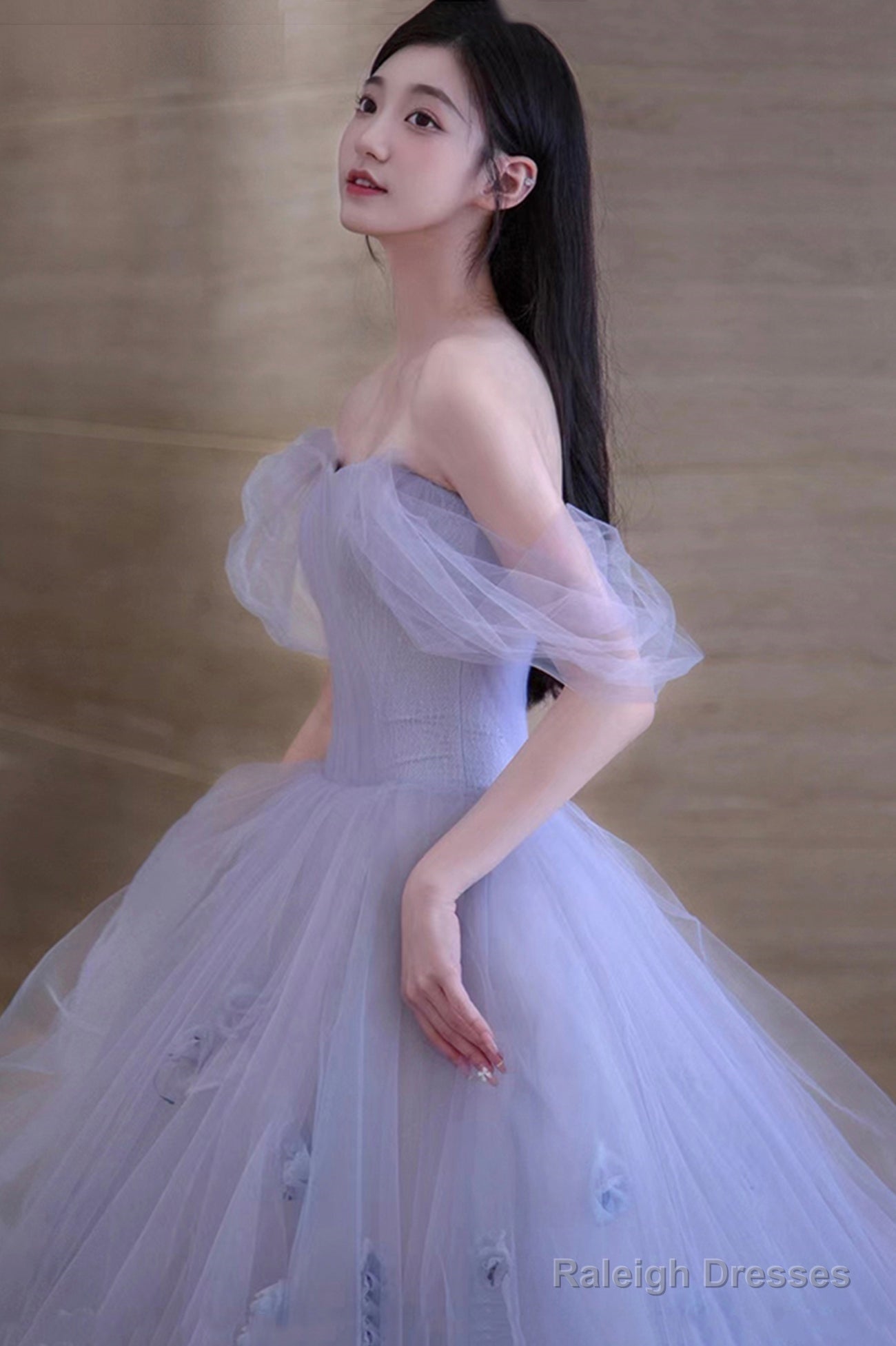 Cute Tulle Short A-Line Prom Dresses Purple Off The Shoulder Prom Dresses