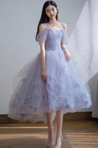 Cute Tulle Short A-Line Prom Dress, Purple Off The Shoulder Evening Dress